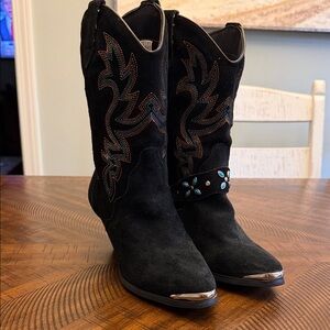 Dingo Black Suede Heeled Boots with Turquoise Accents